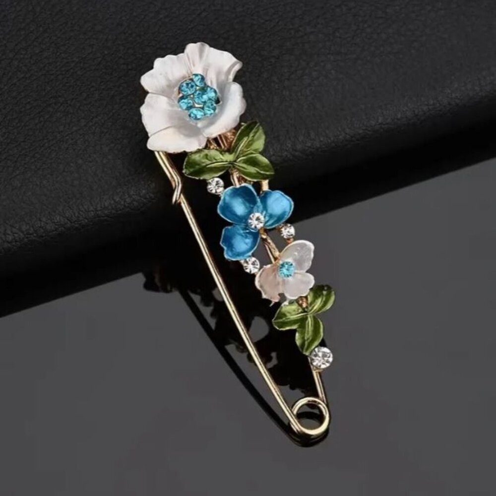 NEW Vintage Style Blue and Green Floral Rhinestone Sweater Pin Retro 50's Brooch